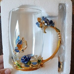 Artistic Glass Mug with Blue and Gold Butterfly Accents